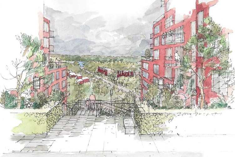 Illustration över Aros Bostads bostadsområde i Farsta Strand