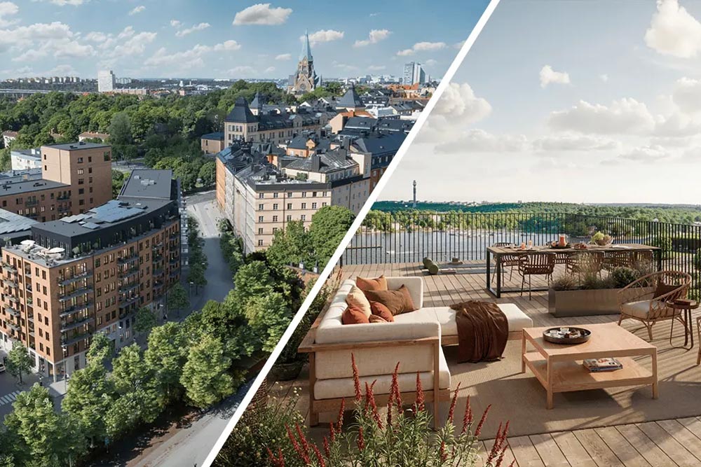 Delad bild med byggnader på Södermalm till vänster och en modern balkong till höger