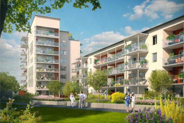 Illustrerad visualisering av de planerade lägenheterna vid Viksjö centrum